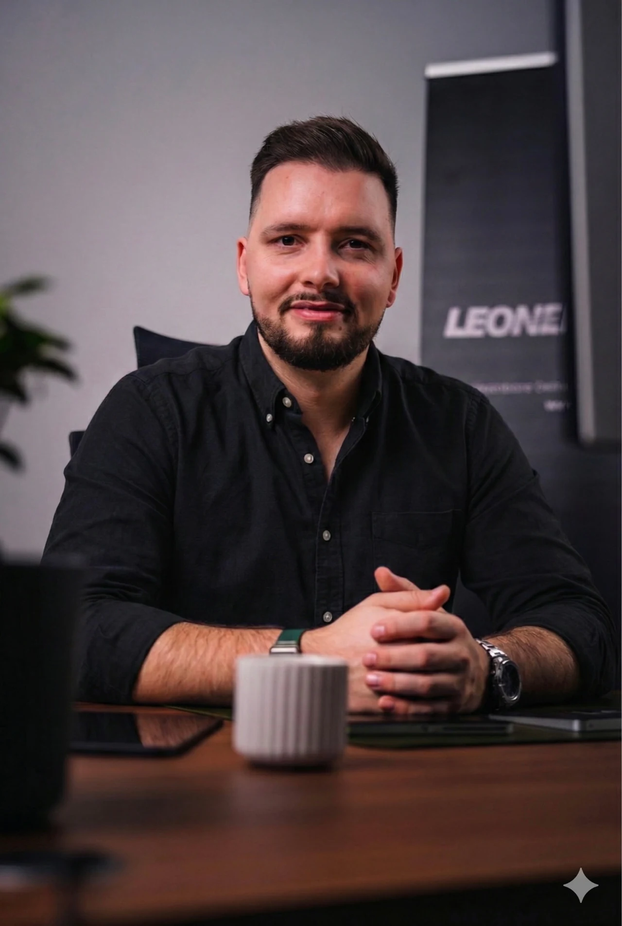 Leon Eichwalder, Berater für operative Unternehmensentwicklung, Portrait am Schreibtisch